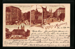 Lithographie Magdeburg, Kaiser Otto, Der Alte Markt, Neue Jacob-Strasse  - Magdeburg