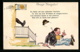 Lithographie Du Säufer Mit Dem Schlechten Gewissen..., Trinker Bekommt Einen Fusstritt  - Humour