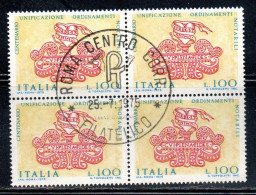 ITALIA REPUBBLICA ITALY REPUBLIC 1975 CENTENARIO DELLA LEGGE ORGANICA DEL NOTARIATO LIRE 100 QUARTINA BLOCK USATO USED - 1971-80: Oblitérés