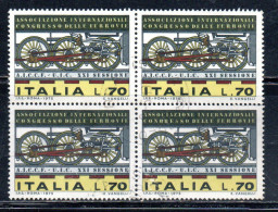 ITALIA REPUBBLICA ITALY REPUBLIC 1975 CONGRESSO DELL'ASSOCIAZIONE FERROVIE RAILWAY LIRE 70 QUARTINA BLOCK USATO USED - 1971-80: Afgestempeld