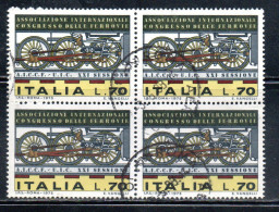 ITALIA REPUBBLICA ITALY REPUBLIC 1975 CONGRESSO DELL'ASSOCIAZIONE FERROVIE RAILWAY LIRE 70 QUARTINA BLOCK USATO USED - 1971-80: Oblitérés