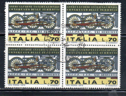 ITALIA REPUBBLICA ITALY REPUBLIC 1975 CONGRESSO DELL'ASSOCIAZIONE FERROVIE RAILWAY LIRE 70 QUARTINA BLOCK USATO USED - 1971-80: Gebraucht