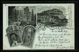 Mondschein-Lithographie Oybin, Friedhof, Kirchruine, Kreuzgang  - Oybin