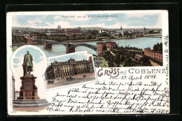 Lithographie Coblenz, Ortsansicht Mit Eisenbahnbrücke, Postamt, Goeben-Denkmal  - Andere & Zonder Classificatie