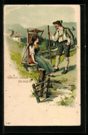 Lithographie Bergsteiger Trifft Auf Hübsche Maid  - Alpinisme