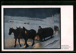 Künstler-AK Sign. Munscheid: Pferdeschlitten In Einer Winternacht Im Gebirge  - Sonstige & Ohne Zuordnung