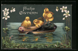Künstler-AK Osterküken Schwimmen Im Schuh Auf Dem Teich  - Pâques