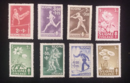 D) 1945, FINLAND, STAMP SERIES, SPORTS, GYMNASTICS, RUN, JAVELINE, FIGHT AGAINST TUBERCULOSIS, HAIRY ROSE, FOREST ANEMON - Altri & Non Classificati
