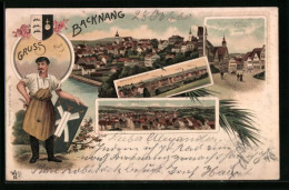 Lithographie Backnang, Teilansicht, Untere Au, Marktplatz Mit Rathaus, Wappen  - Backnang