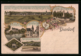 Lithographie Dierdorf, Gesamtansicht, Kaiser- U. Kriegerdenkmal, Blick Auf Den Unterturm, Schloss-Ruine, Mausoleum  - Dierdorf