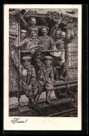 Künstler-AK Sign. Strieffler: Soldaten In Uniform Im Bahnwaggon  - War 1914-18