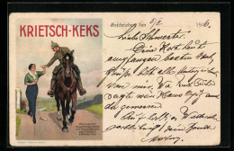 AK Frau Gibt Soldaten Krietsch-Keks, Pferd  - Advertising