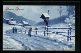 Künstler-AK A. Bertiglia: Ortspartie Im Winter, Neujahrsgruss  - Bertiglia, A.