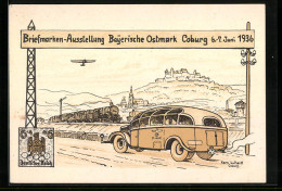 Künstler-AK Coburg, Briefmarken-Ausstellung Bayerische Ostmark 1936, Bus Und Eisenbahn  - Stamps (pictures)