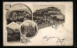 Lithographie Oybin, Berg Oybin, Kirche, Hausgrund  - Oybin