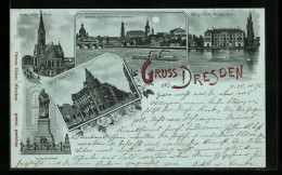 Mondschein-Lithographie Dresden, Martin Luther-Kirche, König Johann Str., Lutherdenkmal  - Dresden