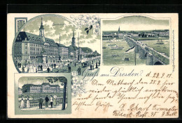 Lithographie Dresden, Hautpstrasse, Finanzministerium, Totalansicht Der Neustadt  - Dresden