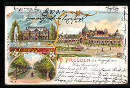 Lithographie Dresden, Ausstellungs-Palast, Herkules-Allee, Palais U. Teich Im Gr. Garten  - Dresden