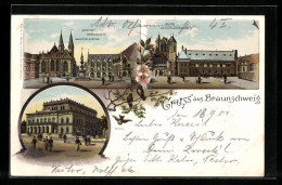 Lithographie Braunschweig, Rathaus & Martinikirche, Theater, Burg Dankwarderode  - Theater