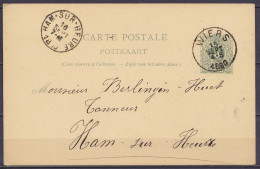 EP CP 5c Vert-gris (type N°45) Càd WIERS /15 SEPT 1890 Pour Tanneur à HAM-SUR-HEURE - Cartes Postales 1871-1909