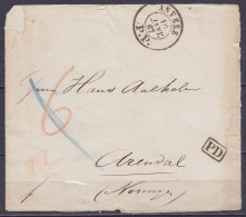 Rare Bande D'imprimé Càd DC "ANVERS /16 JANV 1867/ P.P." Pour ARENDAL (Norvège) - [PD] - Port "6" & "22" Au Crayon Rouge - Other & Unclassified