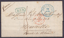 L. Càd BRUXELLES /18 AOUT 1847 Pour MARSEILLE - [B.3.R] - Càd "BELG. 3 VALnes" - Port "15" (au Dos: Càd Bleu PARIS & Arr - 1830-1849 (Unabhängiges Belgien)