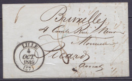 L. Càd LILLE /4 OCT. 1849 Pour Avocat à BRUXELLES - Port "8" (au Dos: Càd Bureau D'échange "FRANCE PAR MOUSCRON" & Càd A - 1830-1849 (Belgique Indépendante)