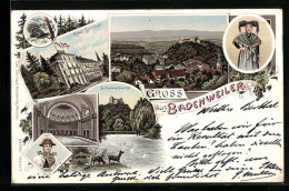 Lithographie Badenweiler, Hotel Sommer, Inneres Marmorbad, Schwanenweiher  - Badenweiler