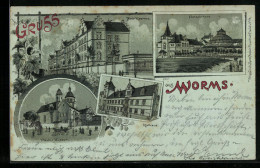 Mondschein-Lithographie Worms, Festspielhaus, Neue Kaserne, Rathaus  - Worms