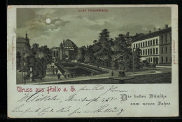 Mondschein-Lithographie Halle A. S., Alte Promenade Mit Kredit-Geschäft  - Autres & Non Classés