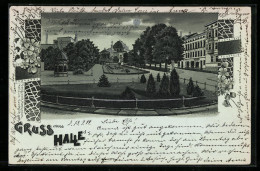 Mondschein-Lithographie Halle A. S., Alte Promenade Mit Möbelgeschäft Und Stadt-Theater  - Theatre
