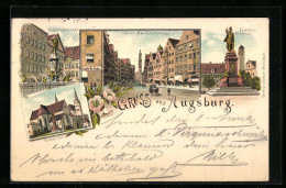 Lithographie Augsburg, Domkirche, Untere Maximilianstrasse, Augustusbrunnen  - Augsburg