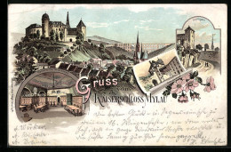 Vorläufer-Lithographie Mylau, 1895, Kaiserschloss, Inneres Gastzimmer, Schlosshof  - Mylau