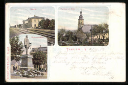 AK Treuen I. V., Pfarrhaus Und Kirche, Bahnhof, Bismarckdenkmal  - Other & Unclassified