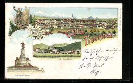 Lithographie Traunstein, Teilansicht, Luitpoldbrunnen, Ruhpolding  - Traunstein