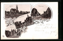 Lithographie Goch, Pfarkkirche, Marktplatz, Steintor  - Goch