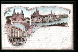 Lithographie Lübeck, Geschäft Henning Von Minden Breitestr. 59, Holstentor, Teilansicht Von Chimborasso Gesehen  - Luebeck