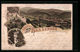 Lithographie Hasserode Bei Wernigerode, Teilansicht, Schloss Wernigerode, Steinerne Renne  - Wernigerode