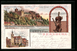 Lithographie Bernburg, Herzogliches Schloss, Kreishaus, Bärenzwinger  - Bernburg (Saale)
