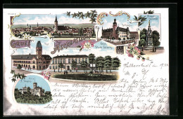 Lithographie Aschersleben, Hotel Stadt Leipzig, Villa Douglas, Ortsansicht  - Aschersleben