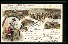Lithographie Norderney, Grosses Logirhaus, Dünenhalle Wilhelmshöhe, Strandbrücke Mit Menschenmenge, Strandkörbe  - Norderney