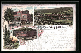 Lithographie Wippra /Harz, Deutsches Haus Mit Strasse, Gesamtansicht, Hirsch  - Autres & Non Classés