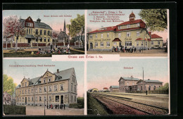 AK Erlau /Sa., Bahnhof, Colonialwarenhandlung P. Zacharias, Gaststätte Kaiserhof  - Autres & Non Classés