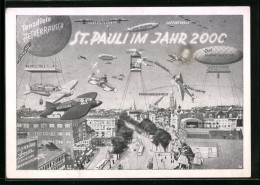 Künstler-AK Hamburg-St. Pauli, Ballon M. Aufschrift Tanzdiele Aetherrausch, Zeppelin M. Aufschrift Café Schöne Auss  - Autres & Non Classés