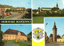 MORAVSKE BUDEJOVICE, MULTIPLE VIEWS, ARCHITECTURE, BUS, CARS, TOWER, PARK, EMBLEM, CZECH REPUBLIC, POSTCARD - Tchéquie