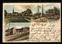 Lithographie Horneburg, Kirche Und Schulhaus, Bahnhof, Hafen  - Sonstige & Ohne Zuordnung