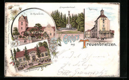 Lithographie Treuenbrietzen, Park-Restaurant, Rathhaus, Siegesdenkmal, St. Marienkirche  - Treuenbrietzen