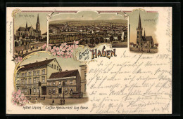 Lithographie Hagen, Hotel Union Und Caffee-Restaurant Aug. Resa, Lutherkirche, Neue Kath. Kirche  - Hagen