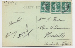 SEMEUSE 5C VERT N°137 X3 VARIETE PIQUAGE SUR CARTE GARE DE LONS JURA 22.8.1921 - 1906-38 Semeuse Camée