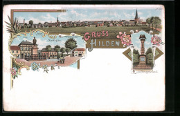 Lithographie Hilden, Marktplatz Mit Post, Kaiser-Denkmal Und Friedens-Eiche, Kriegerdenkmal, Teilansicht  - Hilden